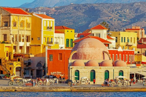 View of the old Venetian Harbour, Chania, Crete, Greek Islands, Greece, Europe
