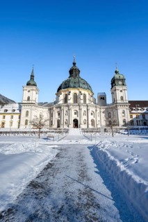 Ettal Abbey, baroque Benedictine abbey, inner courtyard with snow in winter, Ettal, Upper Bavaria,