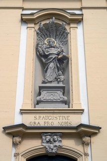 Figure of St Augustine in a niche above the entrance portal of St Augustine's Church,