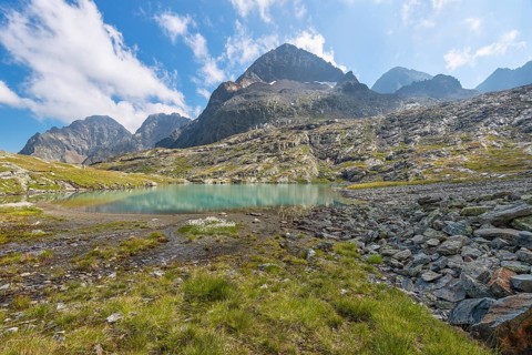 Mountain lake in front of Schobergruppe, Gardental, Hohe Tauern National Park, Kruckelkopf,