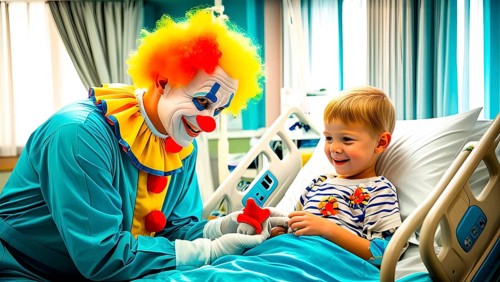 A clown, a clinic clown, in mask, red nose and clown costume sits at the bedside of a sick boy in