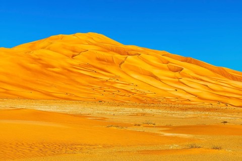 Wind-sculpted curved sand dunes in the Rub al Khali desert, Dhofar province, Arabian Peninsula,