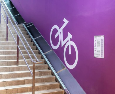Stairs to the underground car park for bicycles, redesigned Potsdamer Platz station, Sony Center,