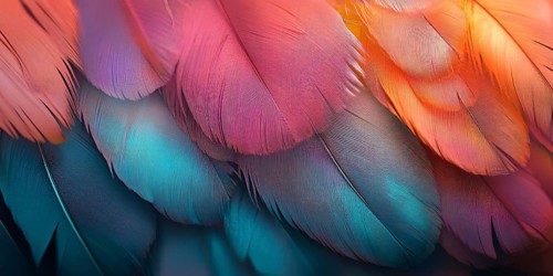 Close up of multicolored exotic bird feathers. Generative Ai, AI generated