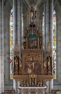 High altar from 1642 in the late Gothic church of St George, Dinkelsbühl, Bavaria, Germany, Europe