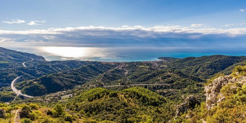 View of the A8 motorway (La Provencale motorway) and the coast near Menton, Mediterranean Sea, Côte