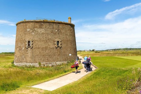 Martello Tower T 1810-1812, Napoleonic War military building on golf course, Felixstowe Ferry,