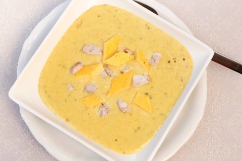 Swabian cuisine, brain soup with egg garnish, offal, calf's brain, regional, soup served in a bowl,