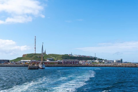 View from south-west to the high sea island Helgoland, harbour facilities, three-masted gaff