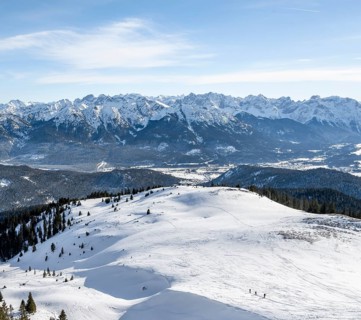 View of mountain panorama in winter, summit of Simetsberg, Estergebirge, Bavarian Prealps, Bavaria