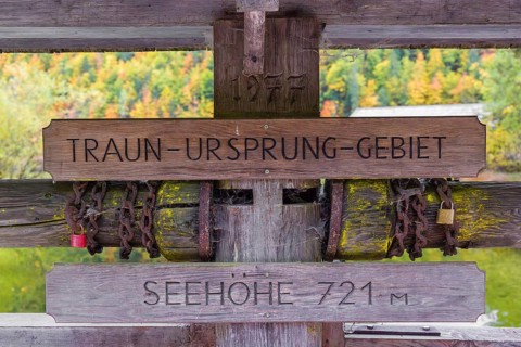 Lake Toplitz, signs Train-Ursprung-Gebiet, Seehöhe 721 m, Austria, Europe