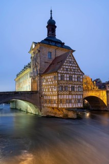 The old town hall on the river Regnitz, Blue Hour, Bamberg, Upper Franconia, Bavaria, Germany,