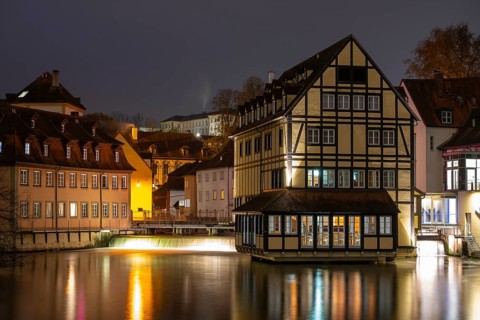 Building of the old town centre on the river Regnitz, Blue Hour, Bamberg, Upper Franconia, Bavaria,