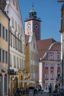 Historic houses in the Marktgasse, behind the town hall tower, Eichstätt, Upper Bavaria, Germany,