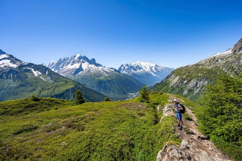 Mountaineer in front of a mountain panorama with glaciated mountain peaks, Aiguille Verte with
