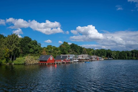 Schwerin, Mecklenburg-Vorpommern, Germany, boathouses on the Ziegelsee, in the 1970s some sections