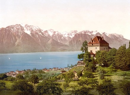 Montreux, Chatelard Castle, Geneva Lake, Switzerland, Historic, digitally restored reproduction