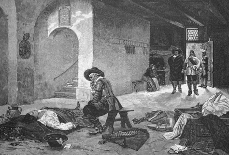 The deceased comrade of the musketeers lies on the ground, his armour has already been removed,