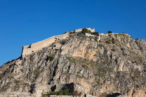 Venetian fortress Palamidi on the city hill of Nafplio, on the right the Argolic Gulf, Argolis,