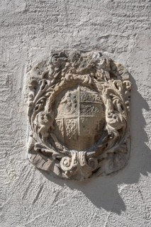 Sandstone coat of arms on the Buxheim House, since 1406, Martin Luther Platz 7, Memmingen, Bavaria,