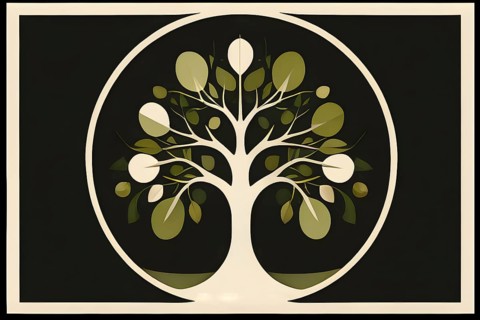 Abstract geometric tree with a circular canopy and a rectangular trunk, arranged in a clean,