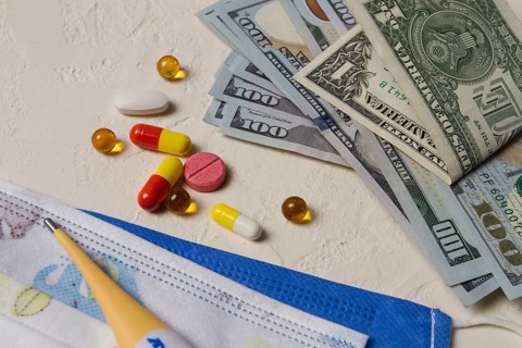 Georgian monetary currency, Lari, 20 GEL, medicine, thermometer, protective medical masks, concept,
