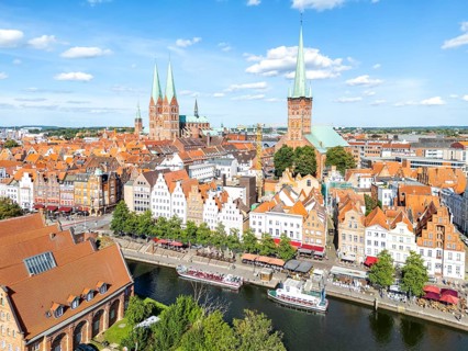 Lübeck old town with river Trave aerial view in the Hanseatic city of Lübeck, Germany, Europe