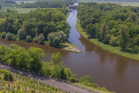 View at the confluence of the Labe and Vltava rivers in Melnik, on a sunny day in springtime.