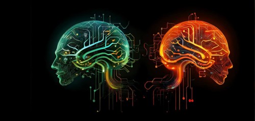 Abstract brain split into two halves, one side athletic motion, the other side neural network,