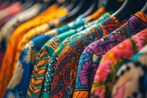 Colorful clothing with bright and bold patterns hanging on clothing rail. Generative ai, AI