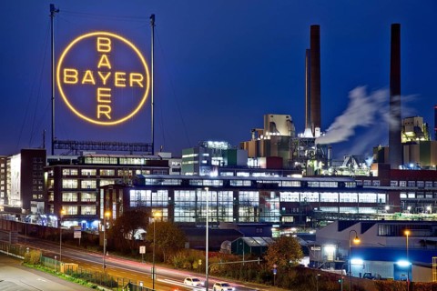 Bayer cross in the blue hour on the premises of Bayer AG, Leverkusen, Bergisches Land, North