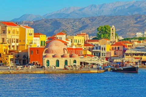 View of the old Venetian Harbour, Chania, Crete, Greek Islands, Greece, Europe