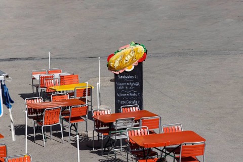 Outdoor snack. Empty tables at a restaurant on the Furka Pass. Obergoms, Canton Valais,