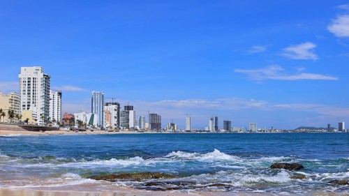 Panoramic view of Mazatlan sea promenade and waterfront El Malecon with ocean lookouts and beaches