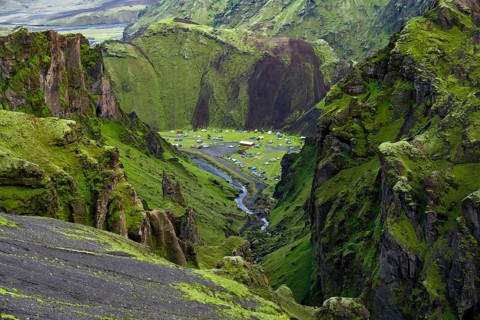 Campsite in a canyon, Moss-covered volcanic mountain landscape, Pakgil, Iceland, Europe