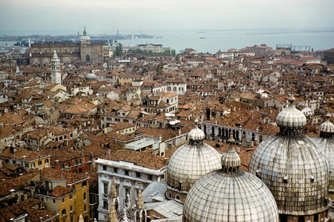 Roofs of buildings, church domes and towers, Venice, Italy 1957