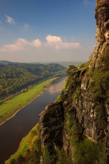 Elbe river seen from the Bastei rocks near the village of Rathen in Saxon Switzerland National