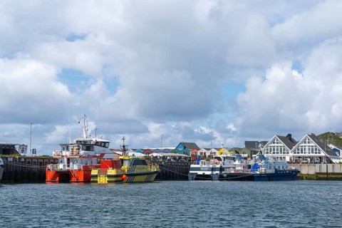 Supply vessels for offshore wind turbines, catamarans, offshore island of Helgoland, North Sea,