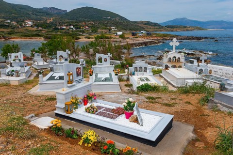 Cemetery with sea view, numerous graves with floral decorations, cemetery, Agios Fokas, Monemvasia,