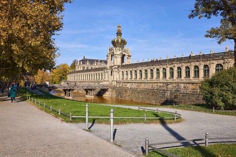 Dresden Zwinger, Baroque architectural style, gardens with lawn and path, crown gate, moat,