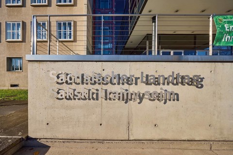Saxon State Parliament, sign, concrete architecture, stainless steel railing,
