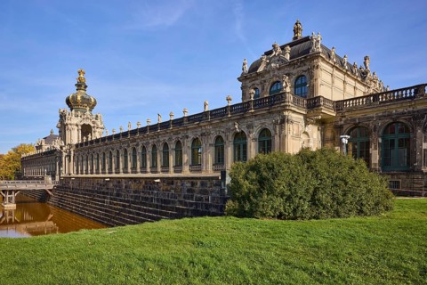 Dresden Zwinger, Crown Gate with bridge, Wallgraben, Long Gallery, Dresden, state capital,