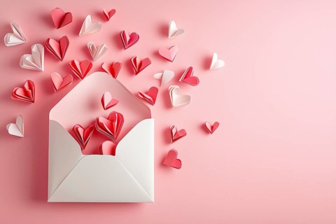 Valentine's Day love letter with envelope and hearts on pink background generated with copy space
