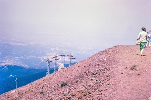 People walk on crater of Mount Vesuvius volcano, Naples, Campania, Italy, Europe 1967, Europe