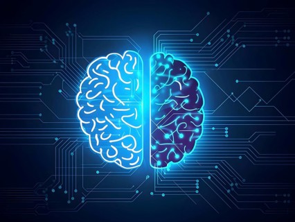 Abstract brain split into two halves, one side athletic motion, the other side neural network,