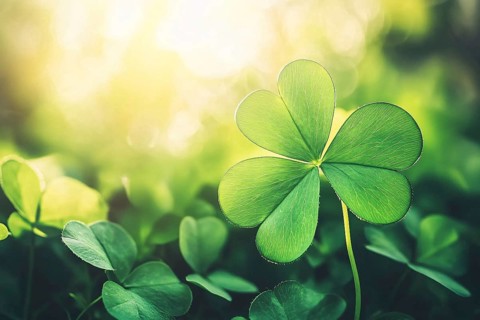Close up of beautiful clover plant with sun in background with copy sapce. Generative AI, AI