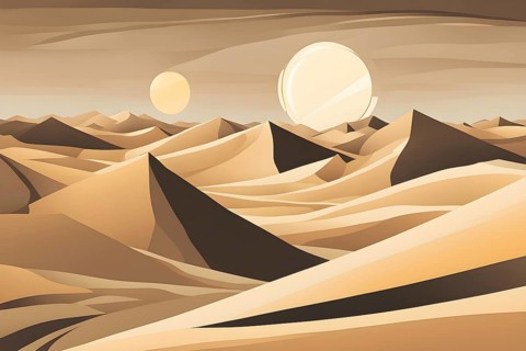Abstract desert scene with triangular sand dunes and a single circular sun, using sharp lines and