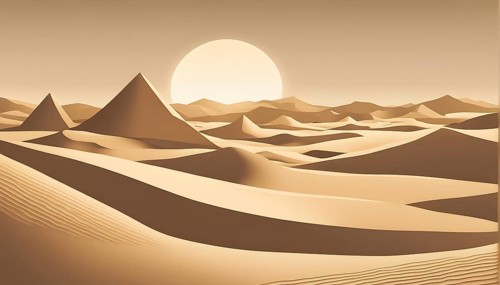 Abstract desert scene with triangular sand dunes and a single circular sun, using sharp lines and