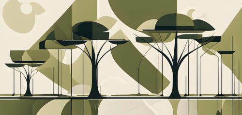 Abstract geometric tree with a circular canopy and a rectangular trunk, arranged in a clean,