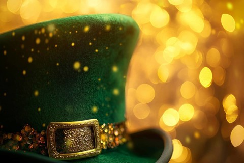 Close up of green St. Patrick's day leprechaun top hat surrounded by golden bokeh lights.